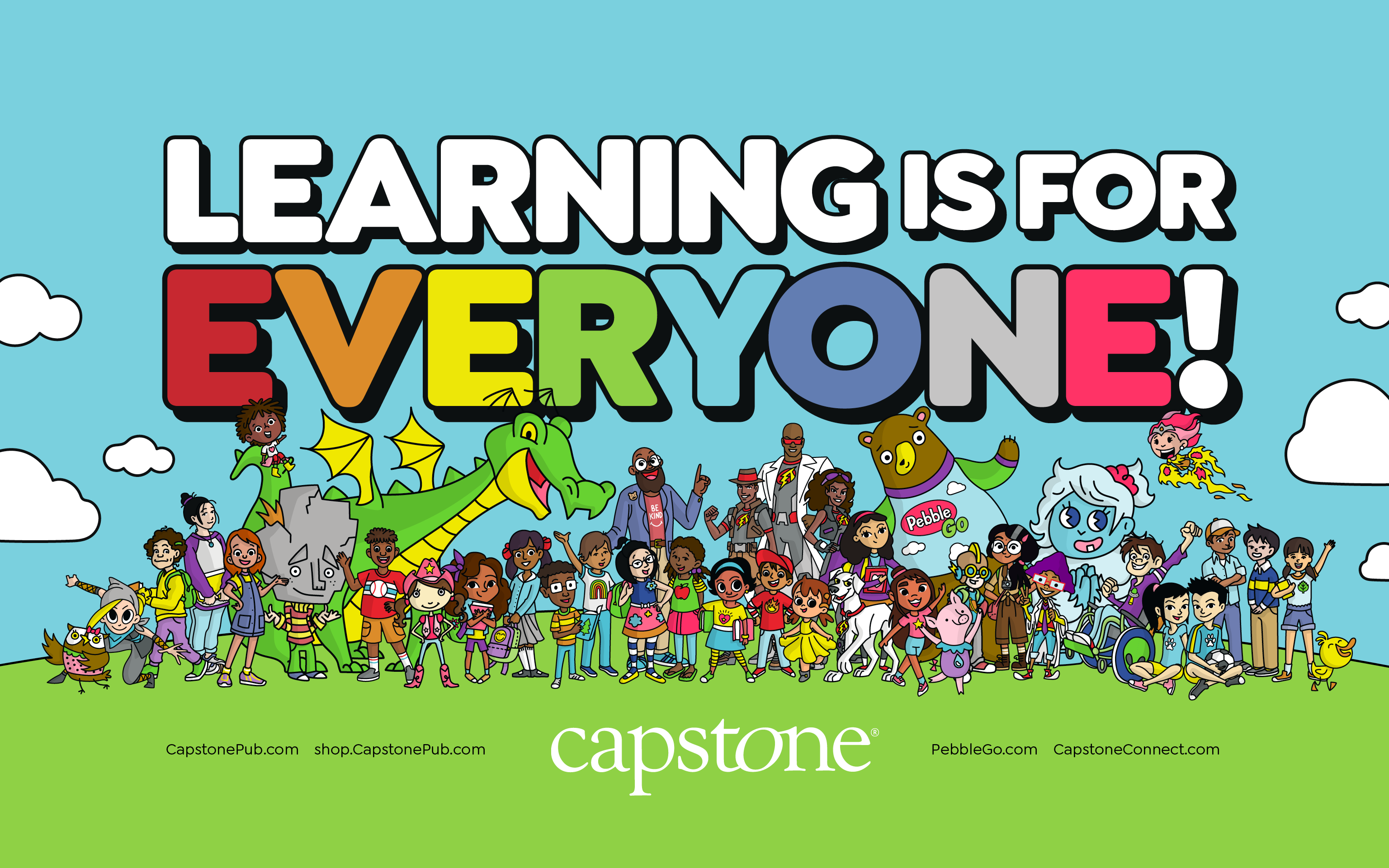 Wallpaper image featuring a cast of Capstone characters with the tagline "Learning Is for Everyone"