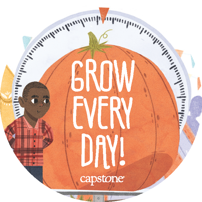 Illustrated image of a little boy with a big pumpkin with the accompanying affirming text "Grow Every Day!"
