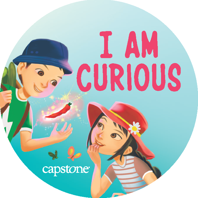 Illustrated image of characters Astrid and Apollo with a mysterious magical red pepper with the accompanying affirming text "I Am Curious"