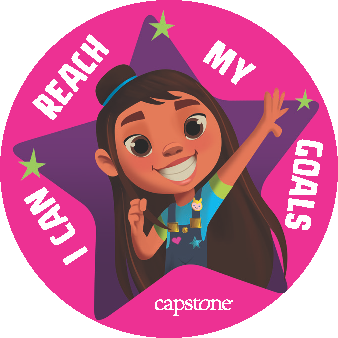 Illustrated image of character Camilia Ortiz with the accompanying affirming text "I Can Reach My Goals!"