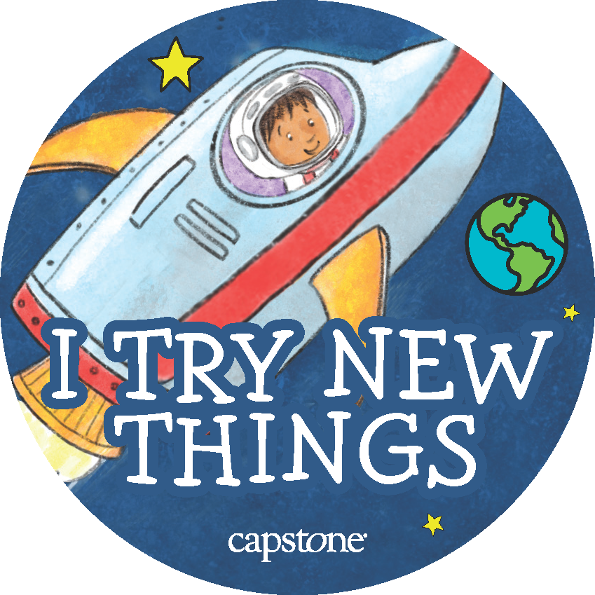 Illustrated image of character Pedro with the accompanying affirming text "I Try New Things"