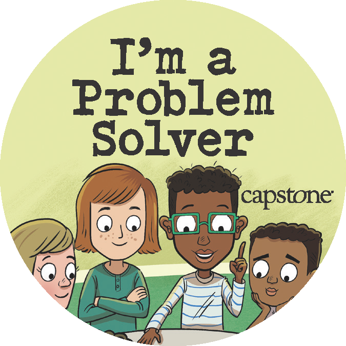 Illustrated image of character Sadiq and his friends with the accompanying affirming text "I'm a Problem Solver"
