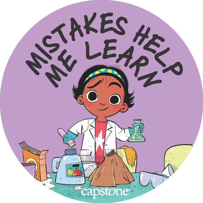 Illustrated image of character Yasmin with the accompanying affirming text "Mistakes Help Me Learn"